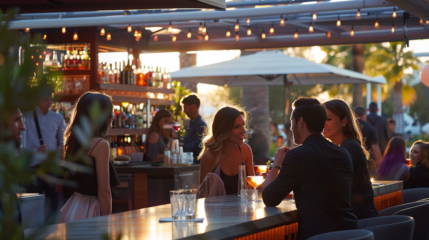 A group of young professionals enjoy cocktails at an outdoor bar.