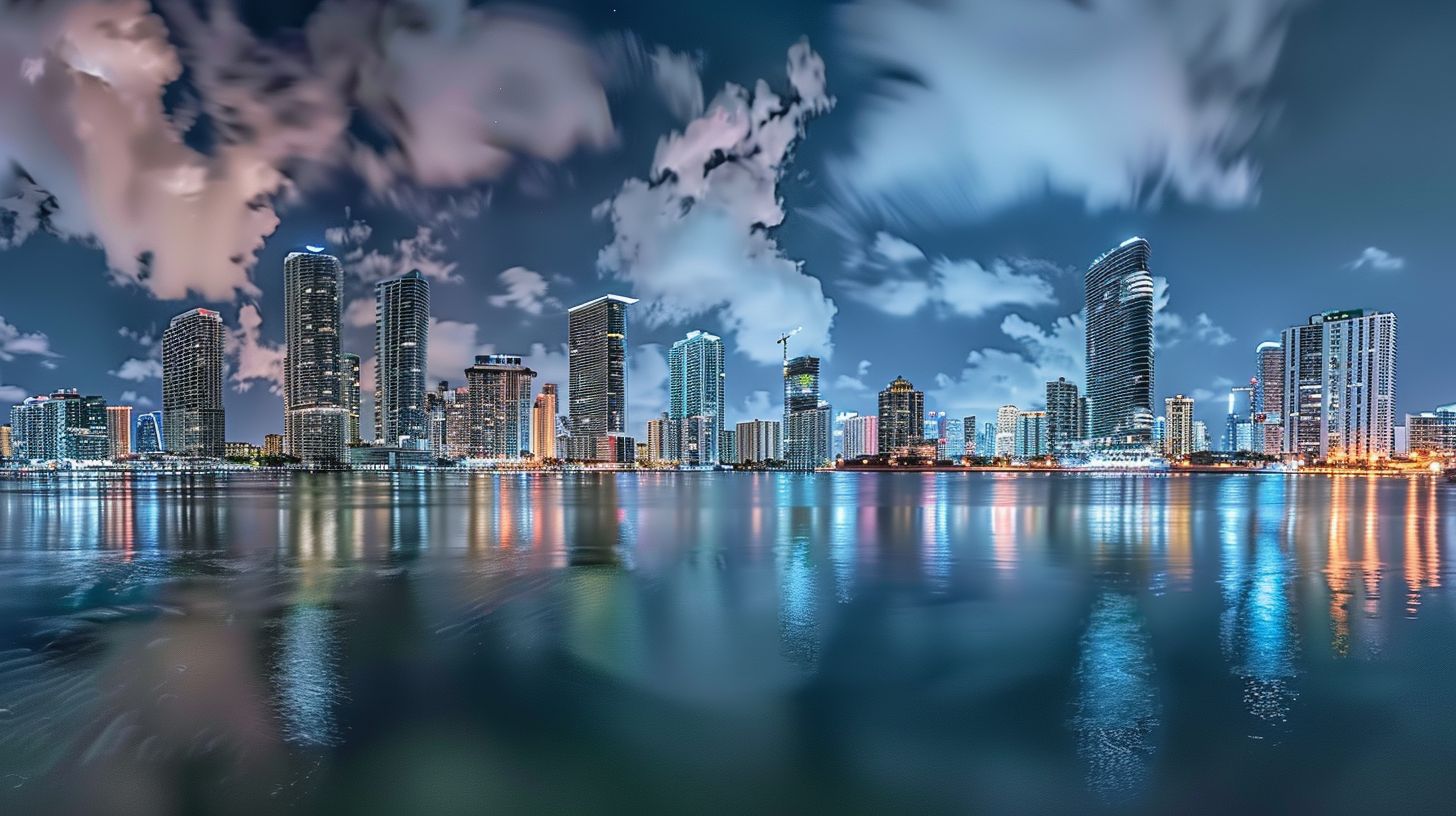 An iconic Miami skyline captured at night with a wide-angle lens.