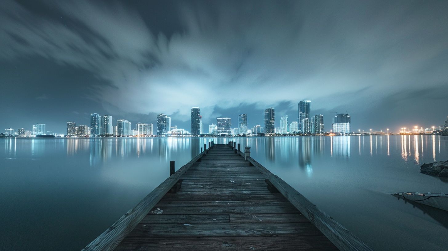 An iconic Miami skyline captured at night with a wide-angle lens.