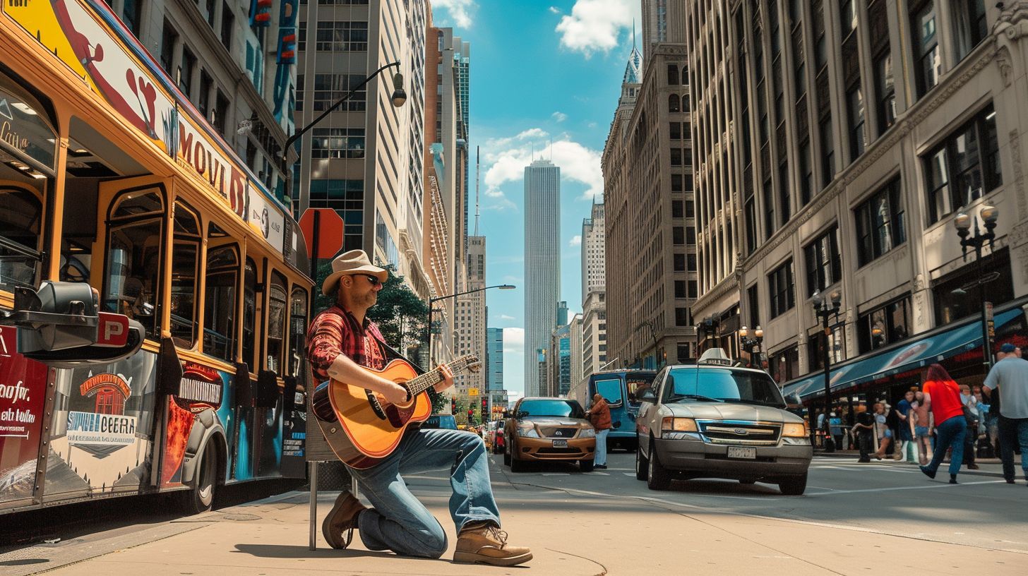 A street musician playing guitar in a busy city backdrop.