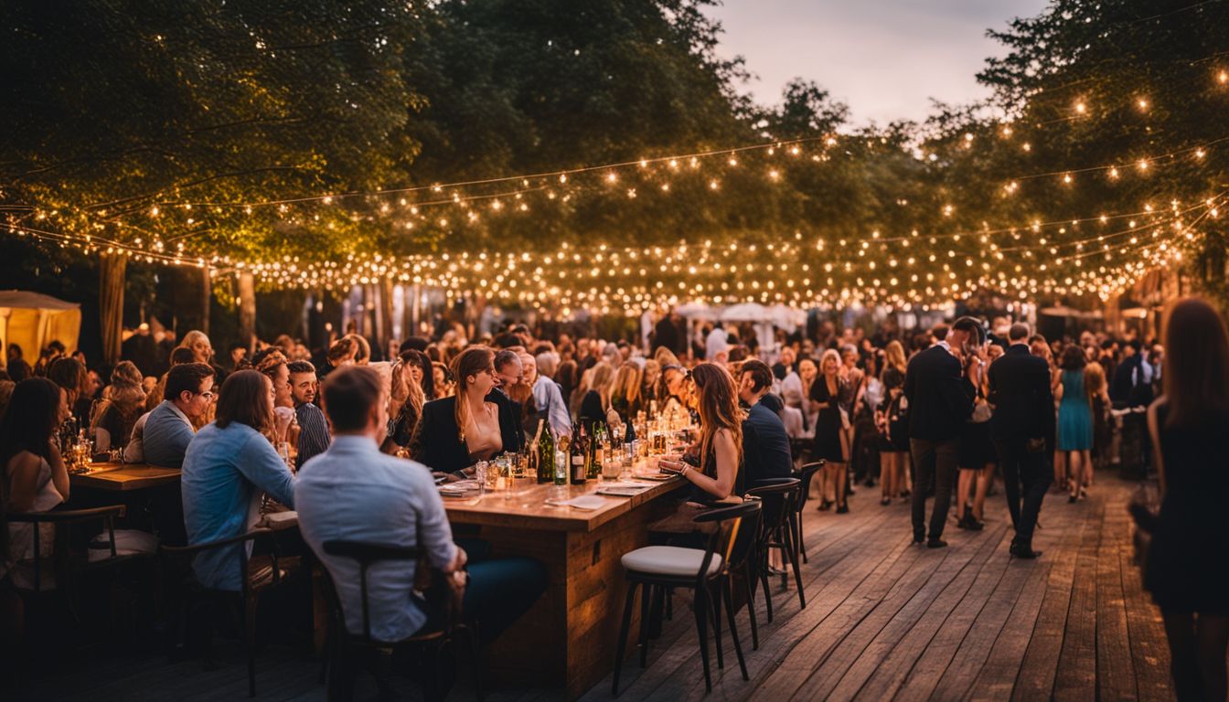 An outdoor event with stylish rented bar tables and a bustling atmosphere.