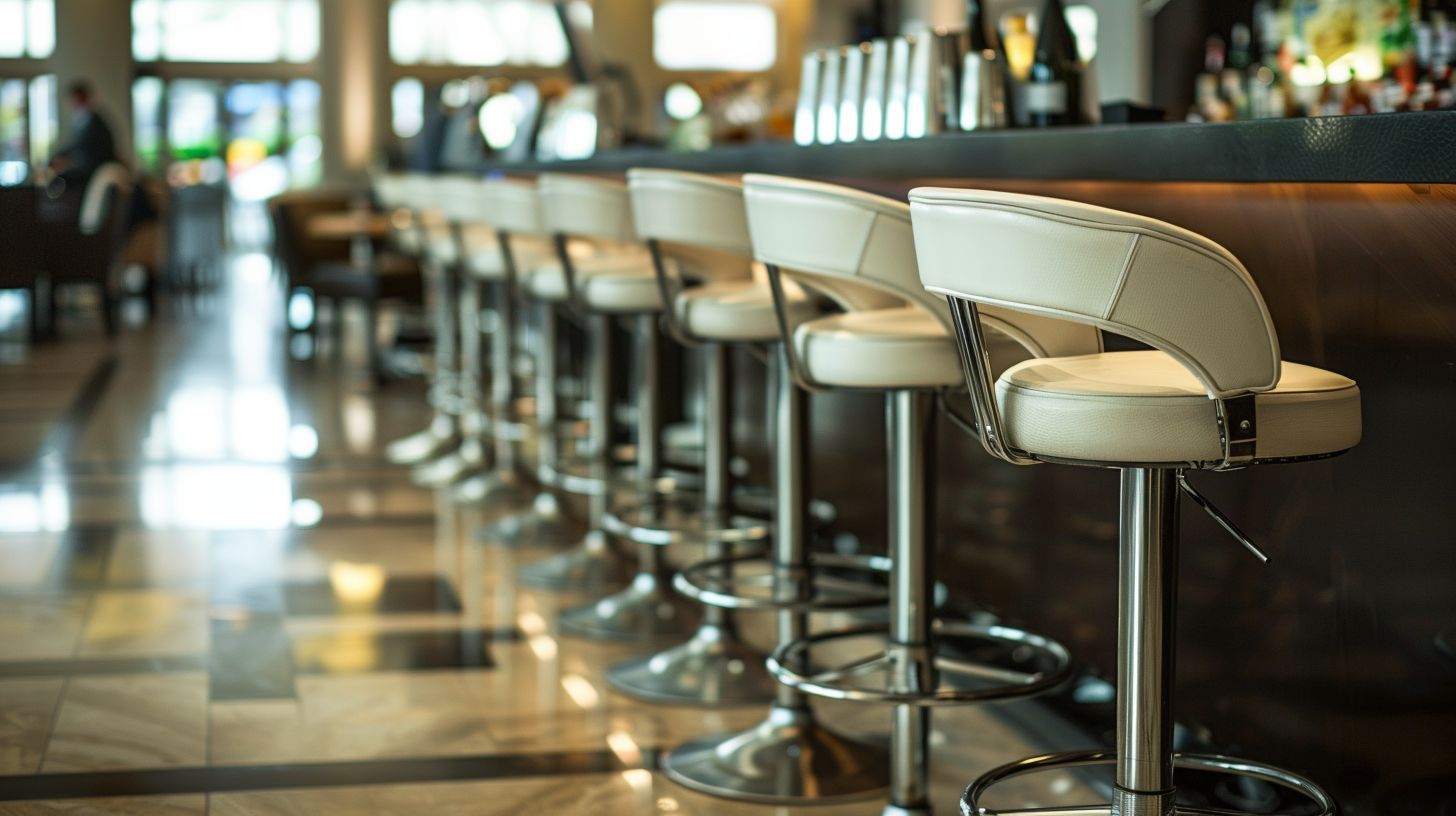 A row of stylish bar stools lined up against a modern bar.
