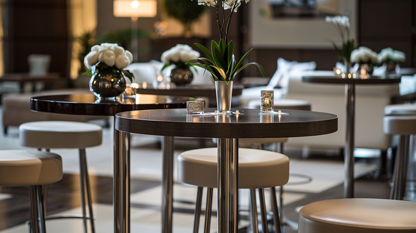 'Modern, stylish bar tables in elegant event space.'