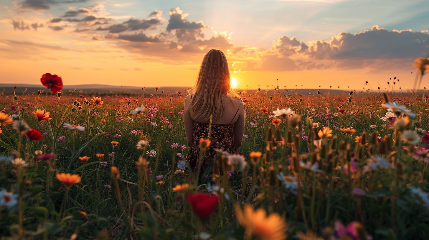 A person stands in a vibrant flower field at sunset, captured with a wide-angle lens.