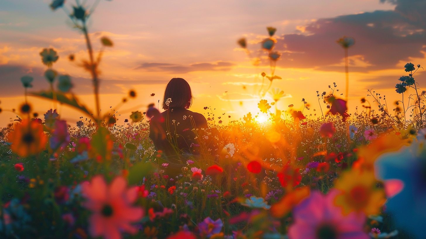 A person stands in a vibrant flower field at sunset, captured with a wide-angle lens.
