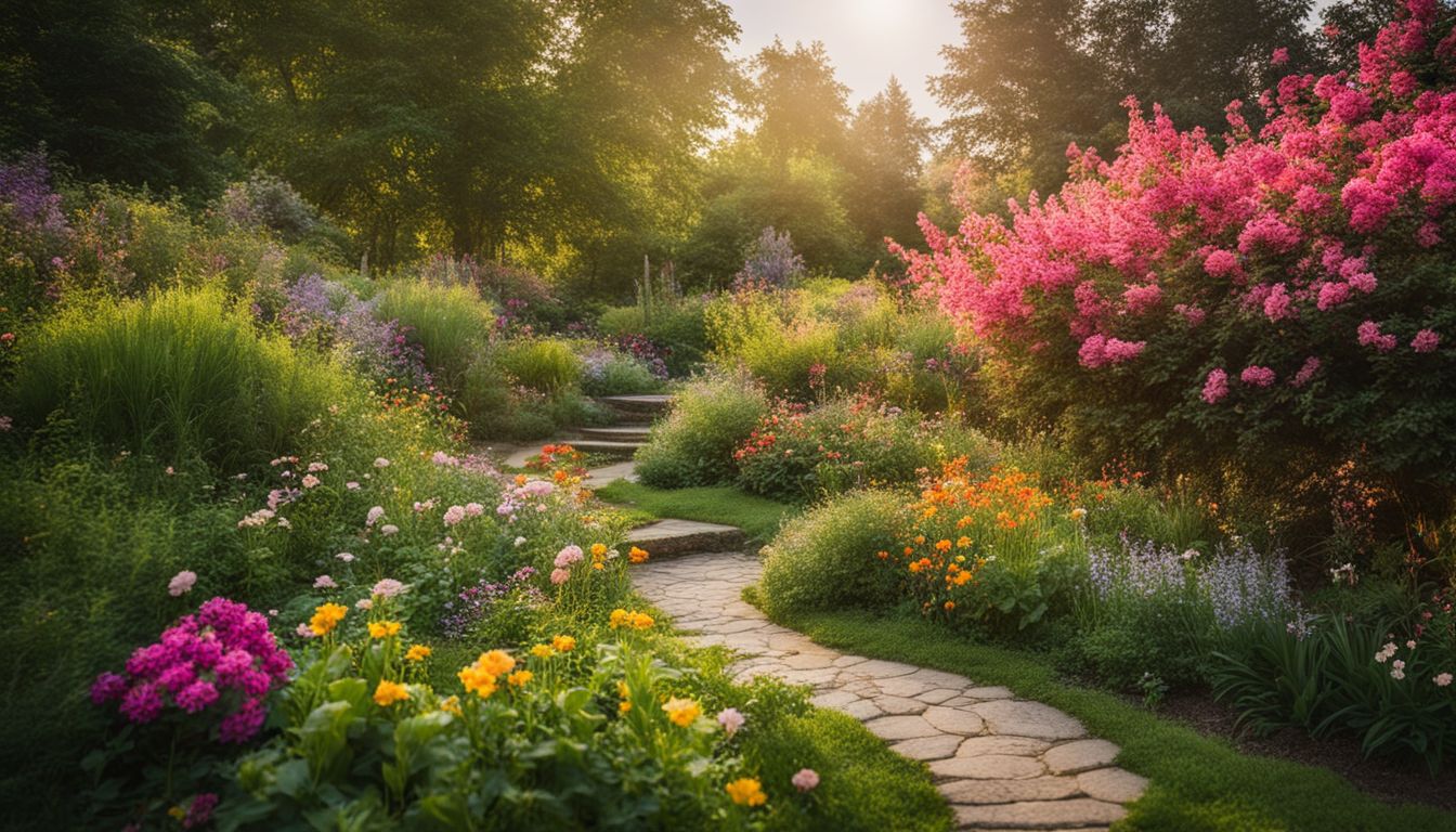 A colorful, vibrant garden with a winding path and diverse people enjoying the natural scenery.