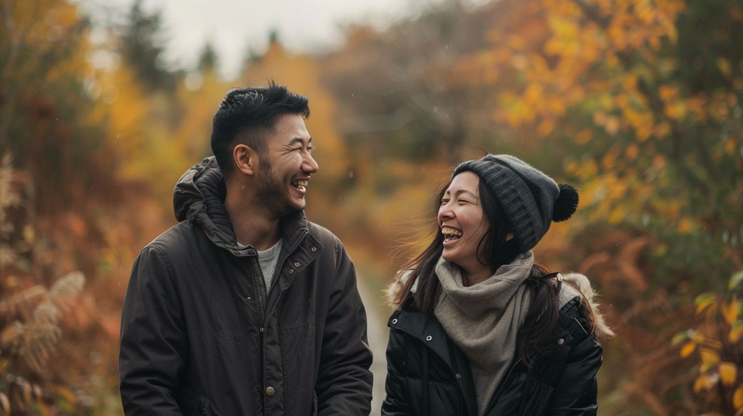 A newlywed couple shares a joyful moment on a countryside path.