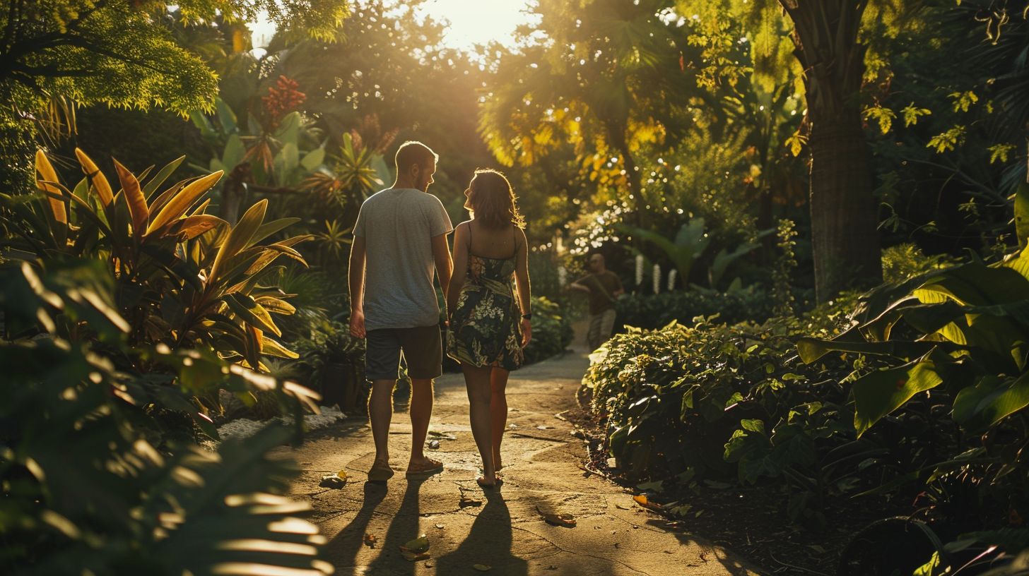 A couple enjoys a nature photography stroll in a botanical garden, capturing their genuine connection.