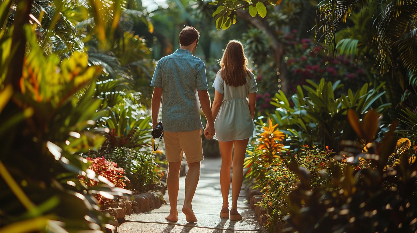 A couple enjoys a nature photography stroll in a botanical garden, capturing their genuine connection.