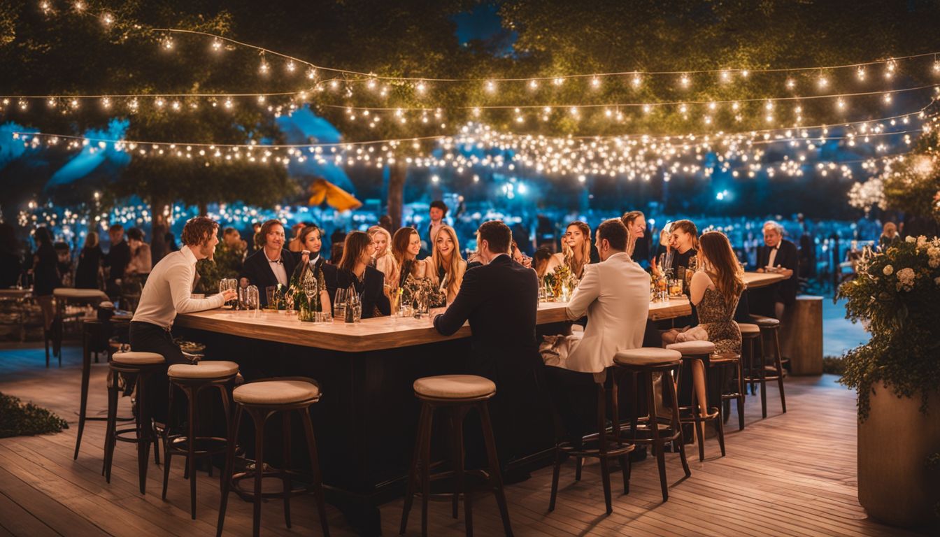 A stylish outdoor event with diverse attendees and elegant decor.