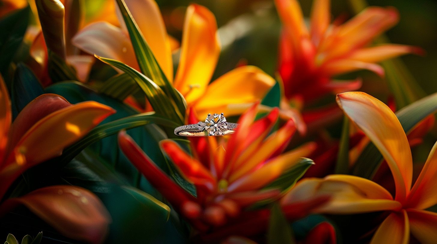 A stunning engagement ring placed among vibrant tropical flowers in a nature photography setting.