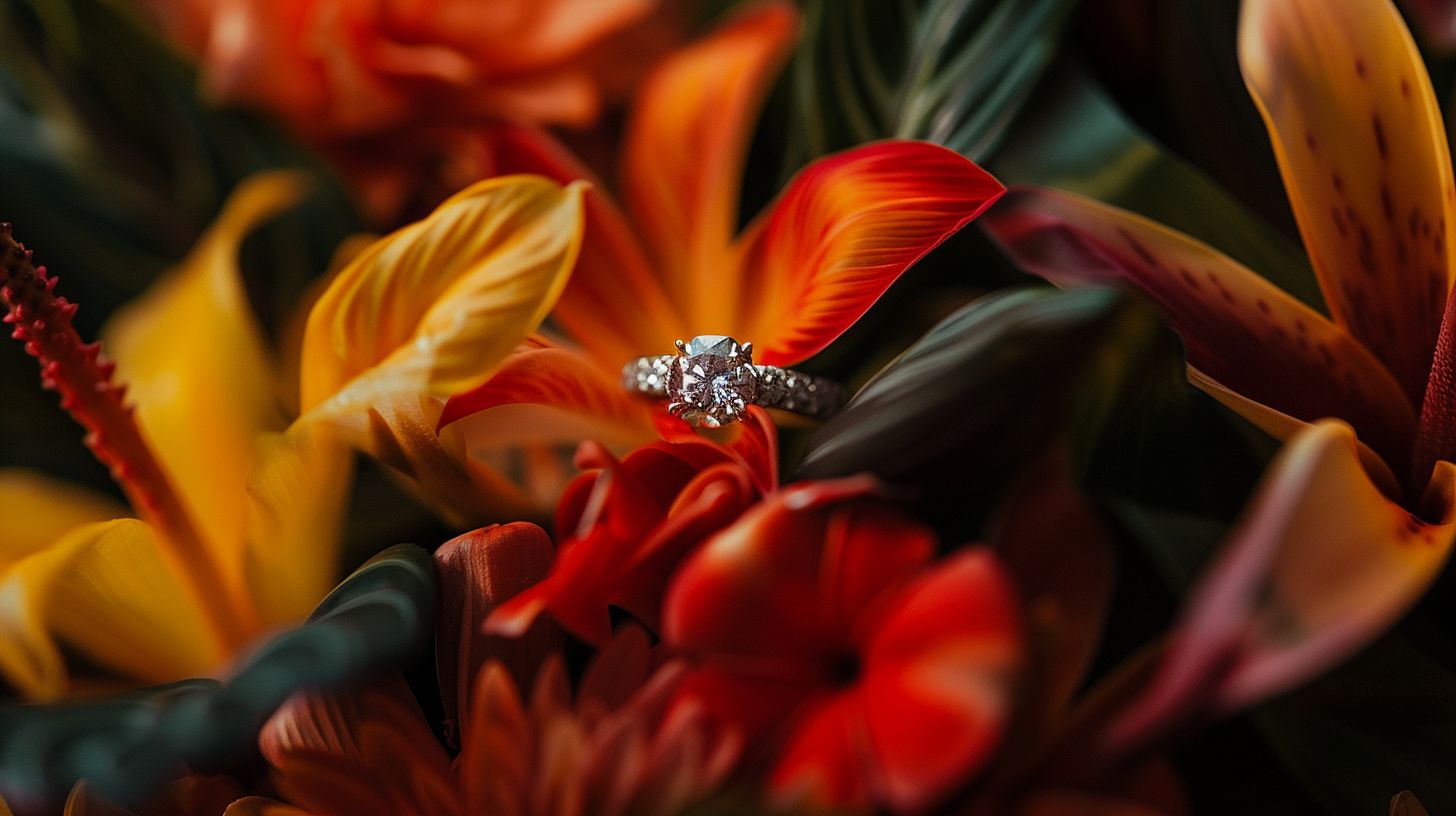 A stunning engagement ring placed among vibrant tropical flowers in a nature photography setting.