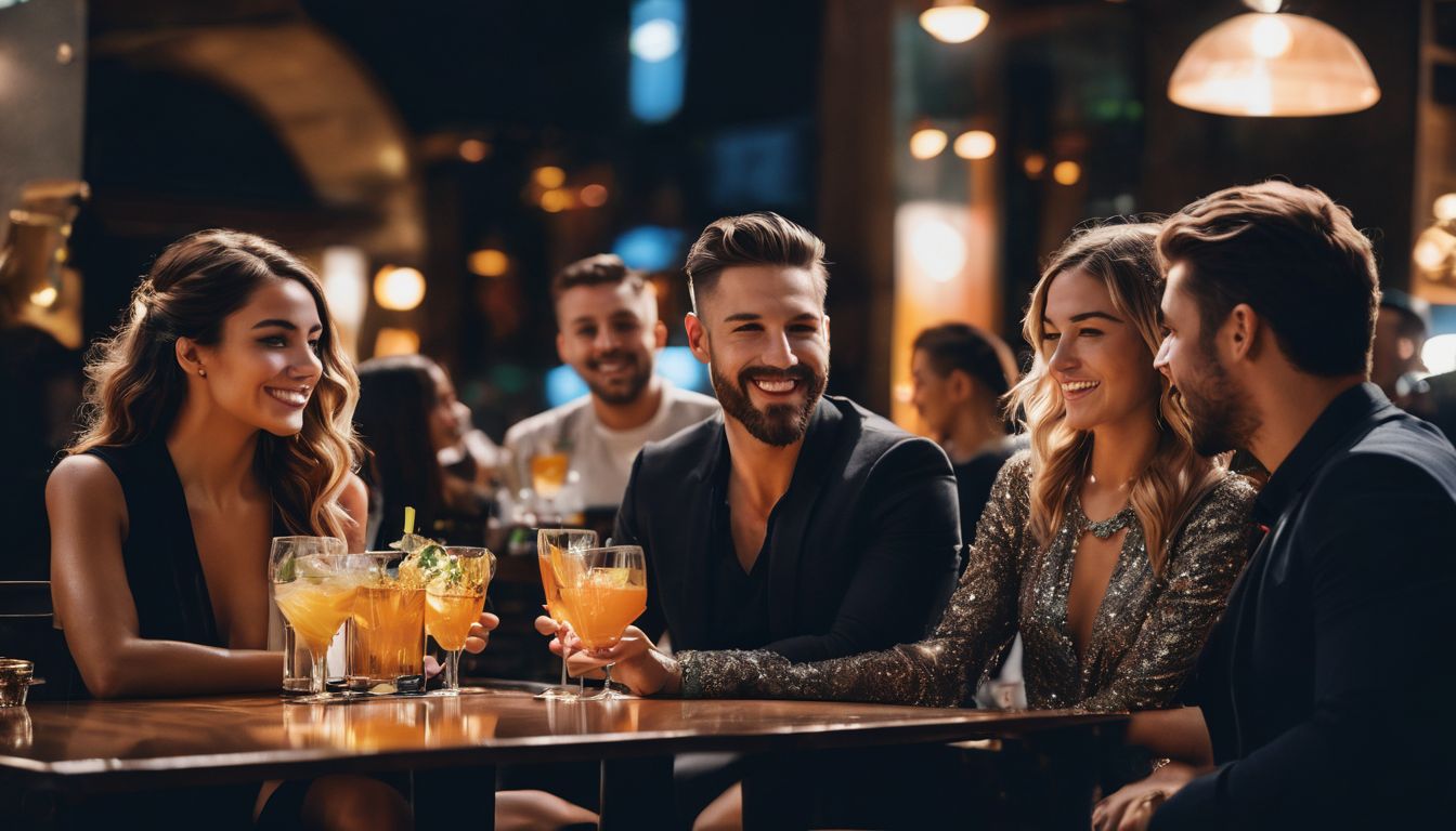 A group of stylish friends enjoying drinks at a sleek bar.