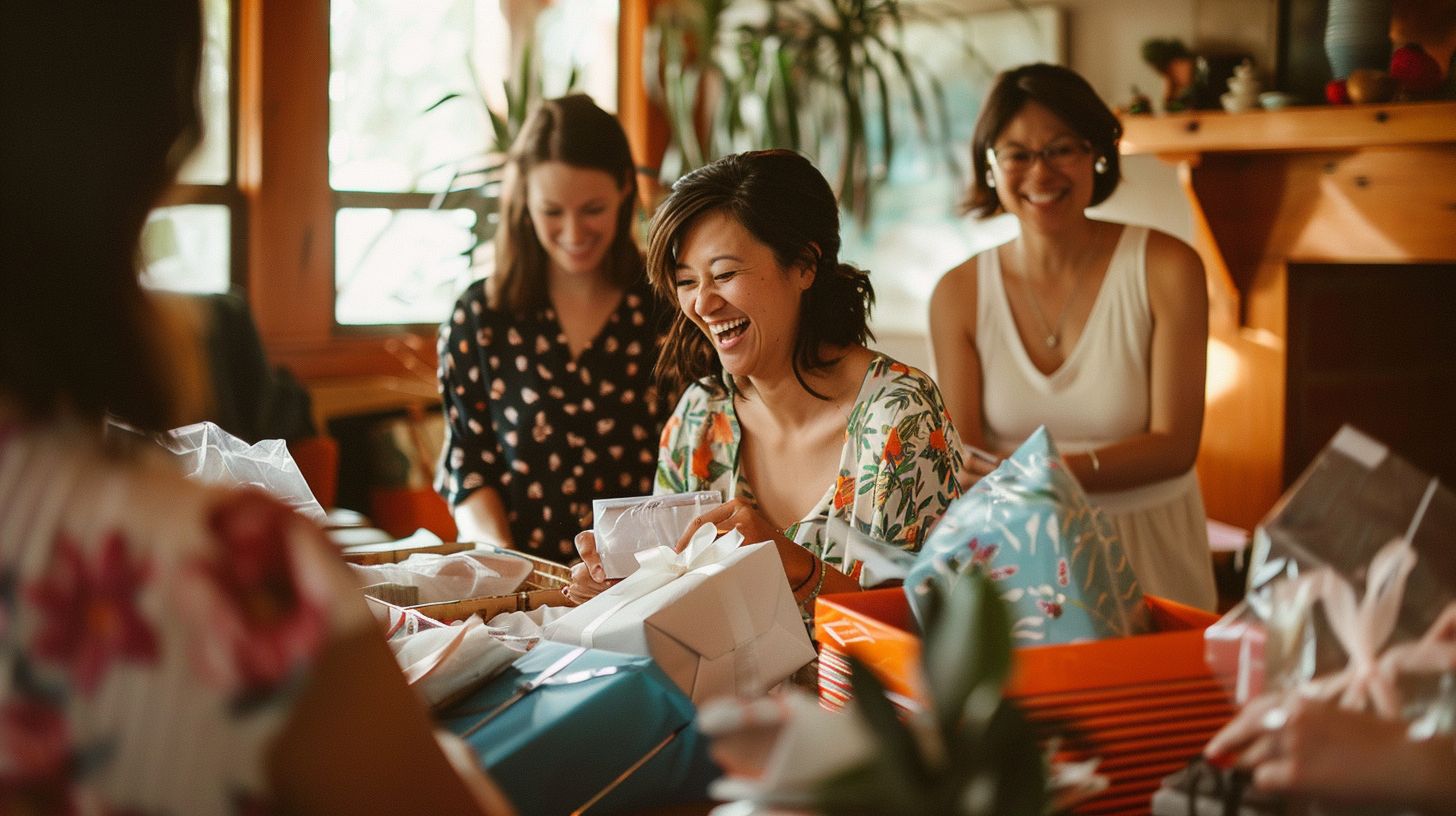 A bride-to-be celebrates with friends while opening gifts, captured in a portrait.