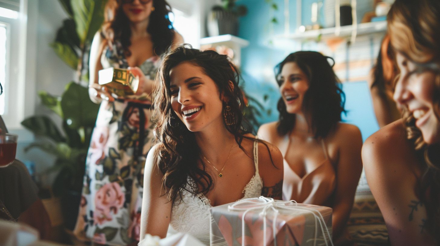 A bride-to-be celebrates with friends while opening gifts, captured in a portrait.