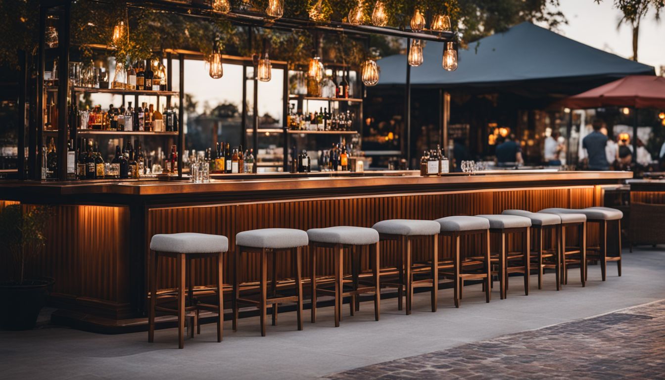 A trendy outdoor bar with stylish seating and a bustling atmosphere.