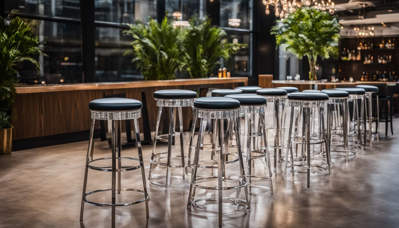 A set of stylish bar stools arranged for an event in a bustling atmosphere.