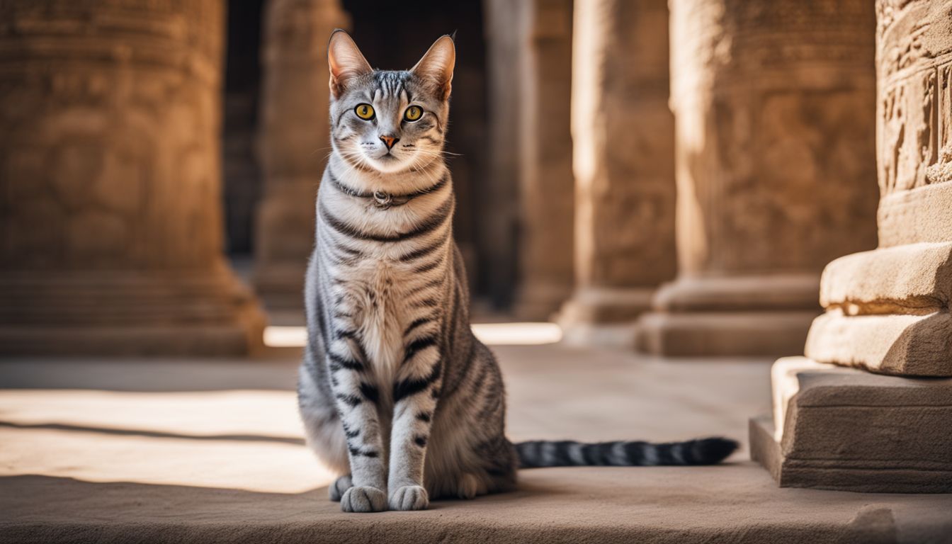 An Egyptian Mau poses in an ancient temple for a photo shoot.