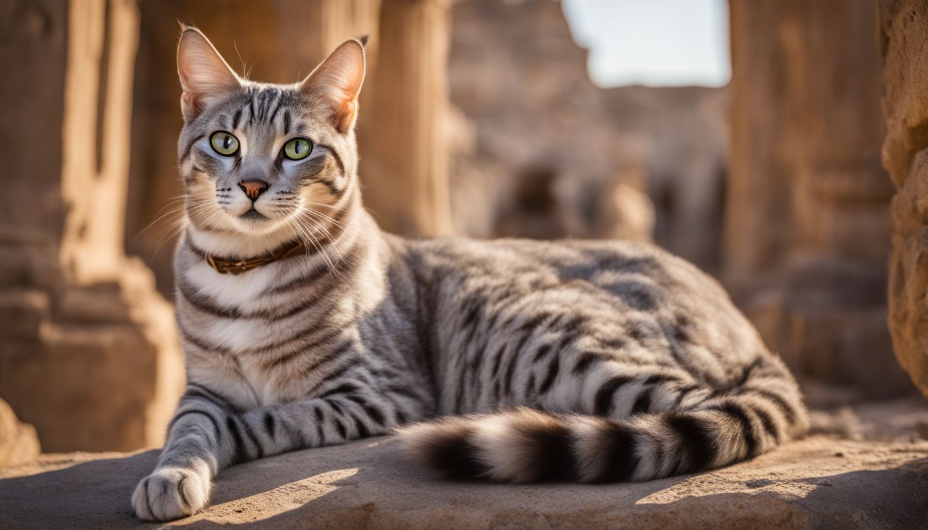 An Egyptian Mau poses on ancient ruins in a bustling atmosphere.