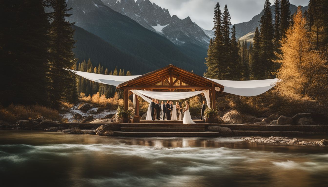 A stunning outdoor wedding venue surrounded by the Rocky Mountains with a bustling atmosphere and beautiful natural scenery.