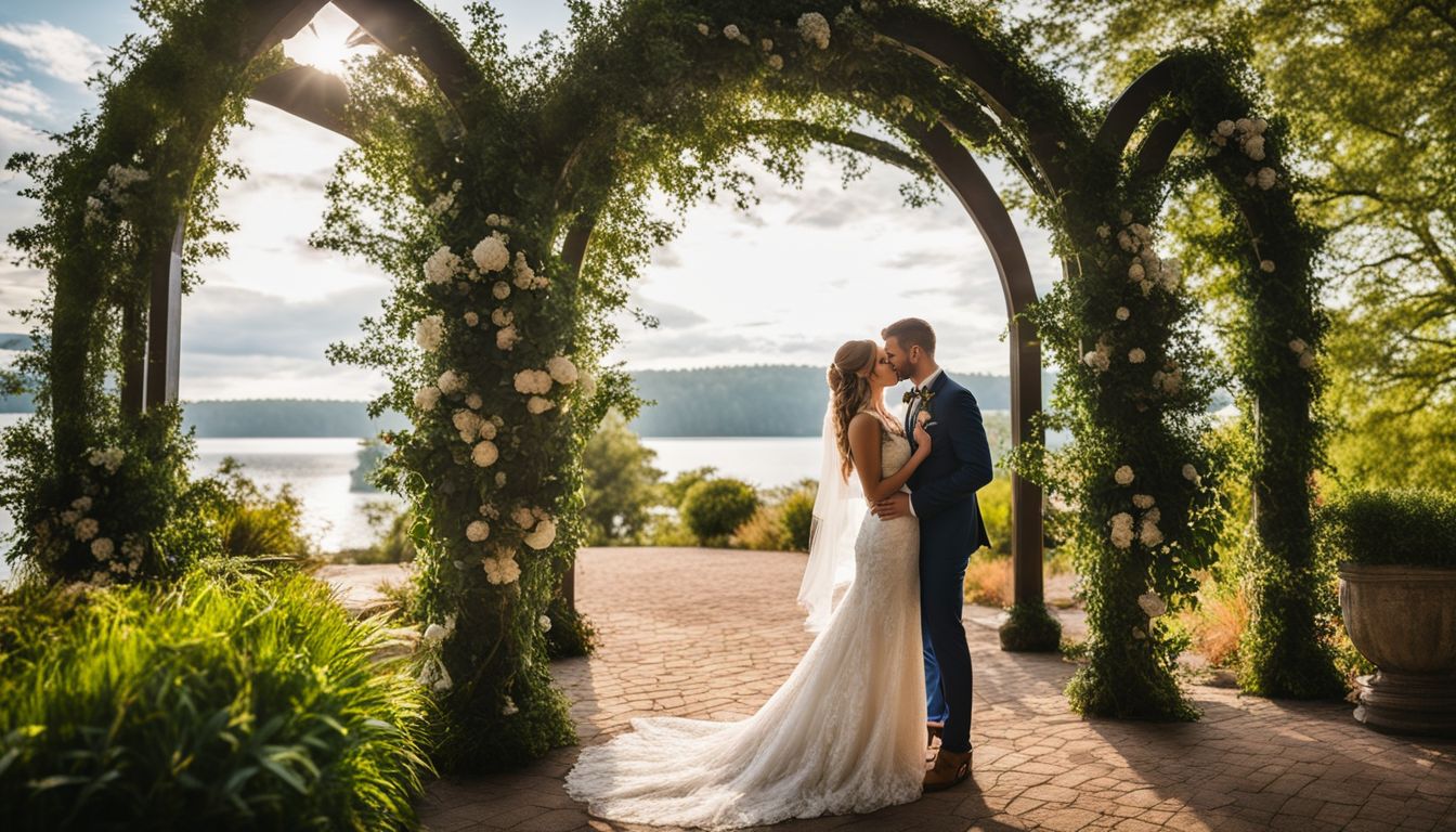 A bride and groom sharing a kiss under a beautiful arch at an enchanted lakeside wedding venue.