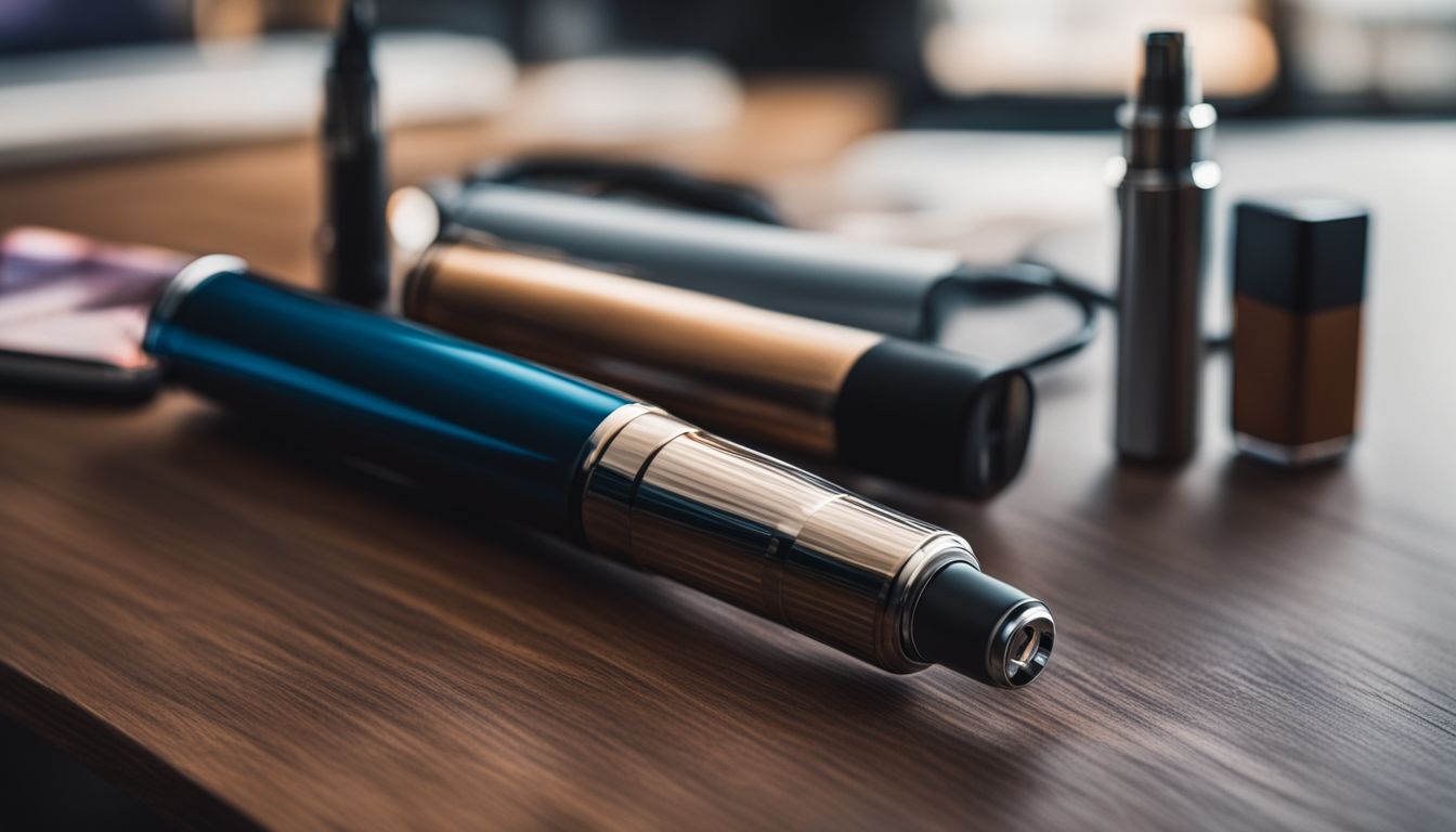 A close-up photo of a vape pen and charger on a desk.