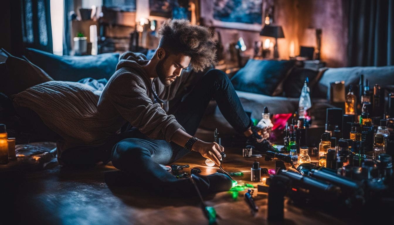 A person sitting alone in a room surrounded by vape and dabbing equipment.