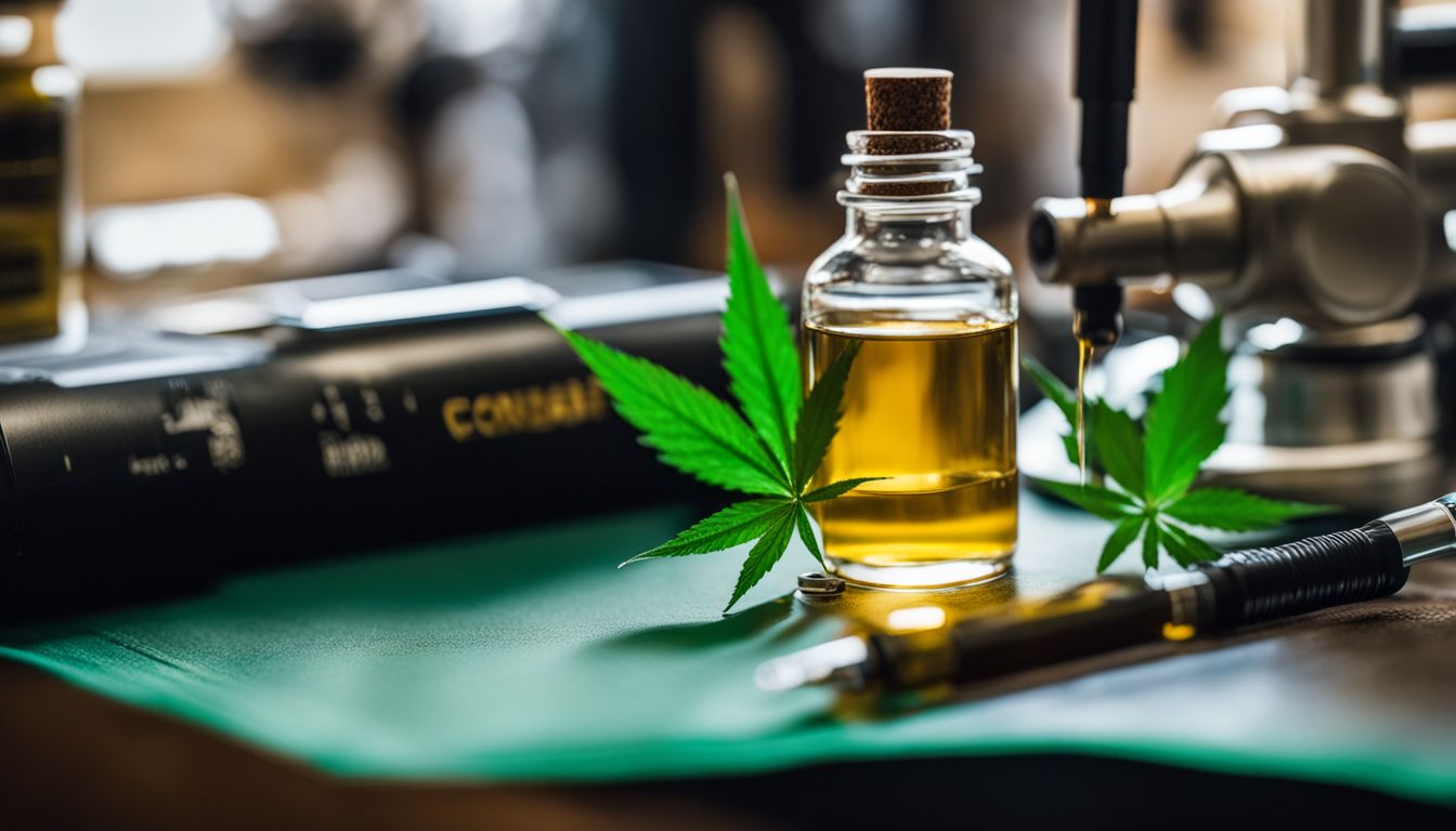 A dropper of THC oil next to a cannabis leaf in a scientific setting.
