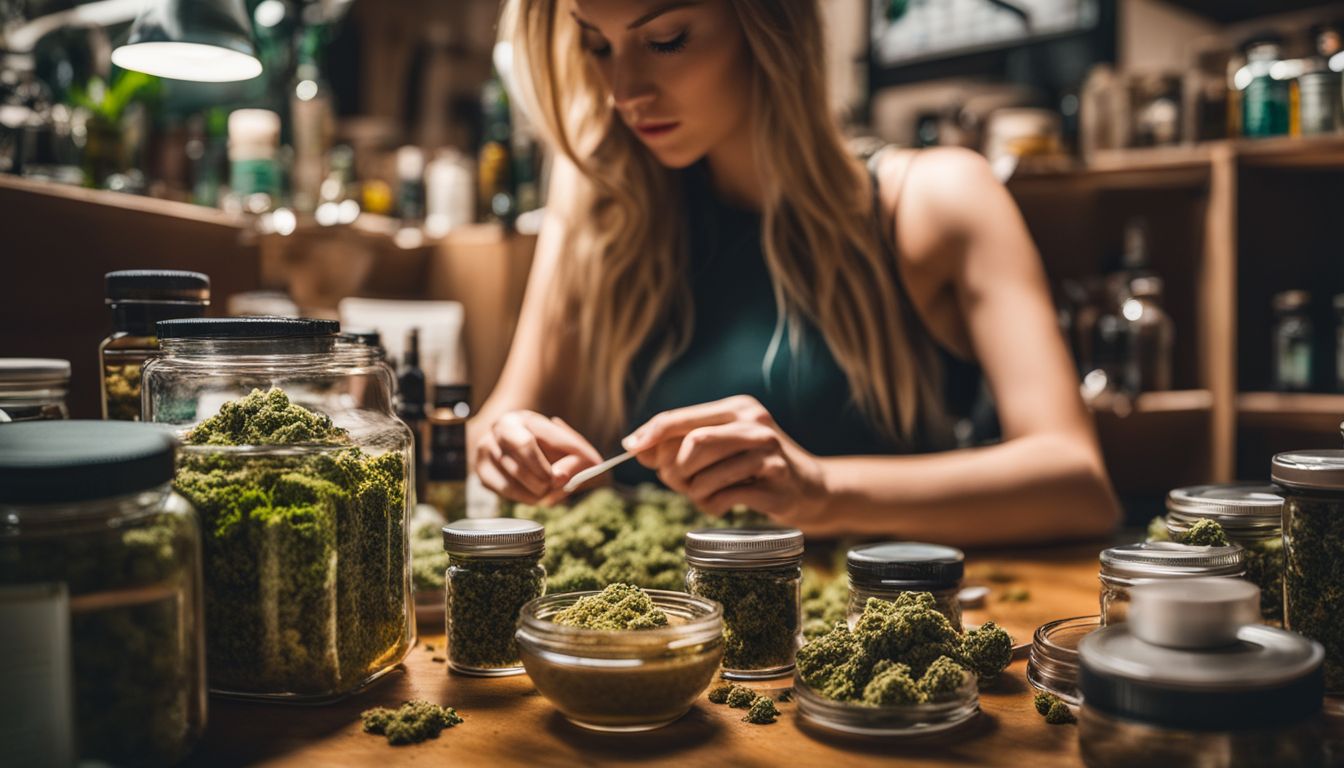 A person examining cannabis products in a bustling atmosphere.