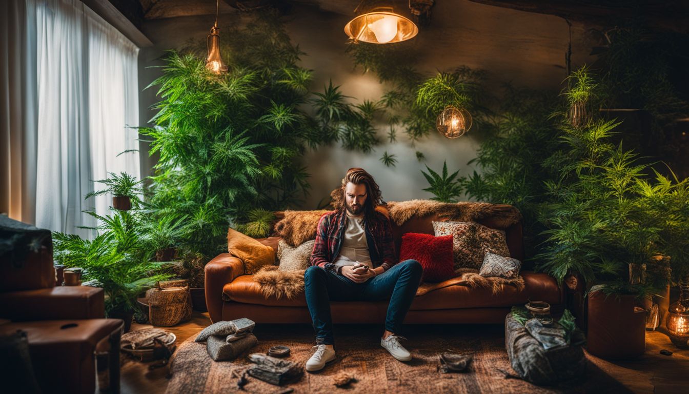A person surrounded by cannabis paraphernalia in a bustling indoor setting.