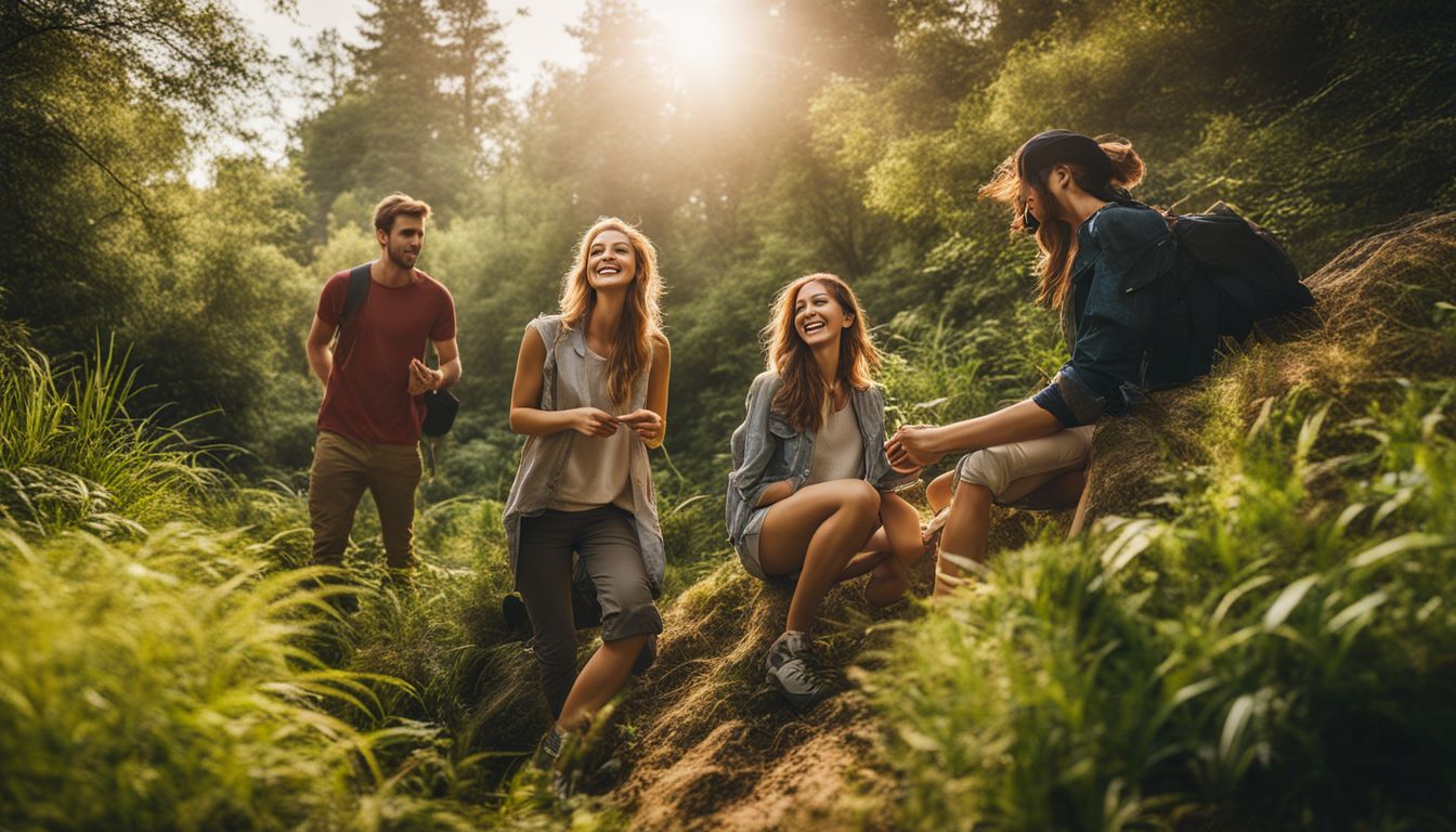 A diverse group of friends enjoying outdoor activities in lush nature.