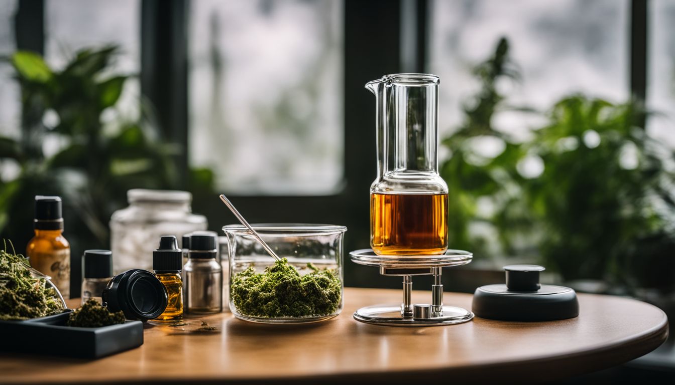 A still life photo of glass rig, dab tool, and cannabis concentrate.