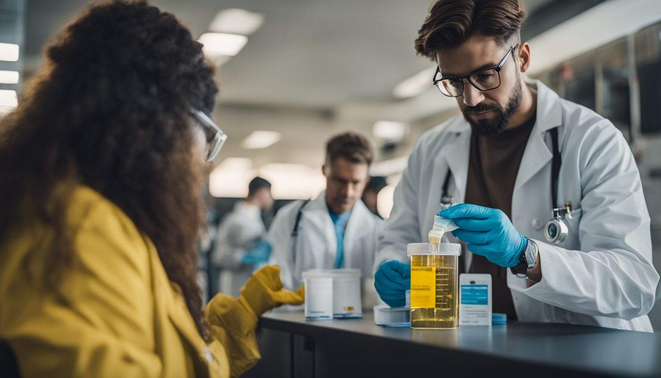 A person providing a urine sample at a drug testing facility.