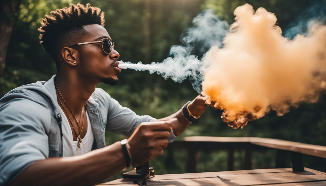 A person exhales dabs smoke in a relaxed outdoor setting.