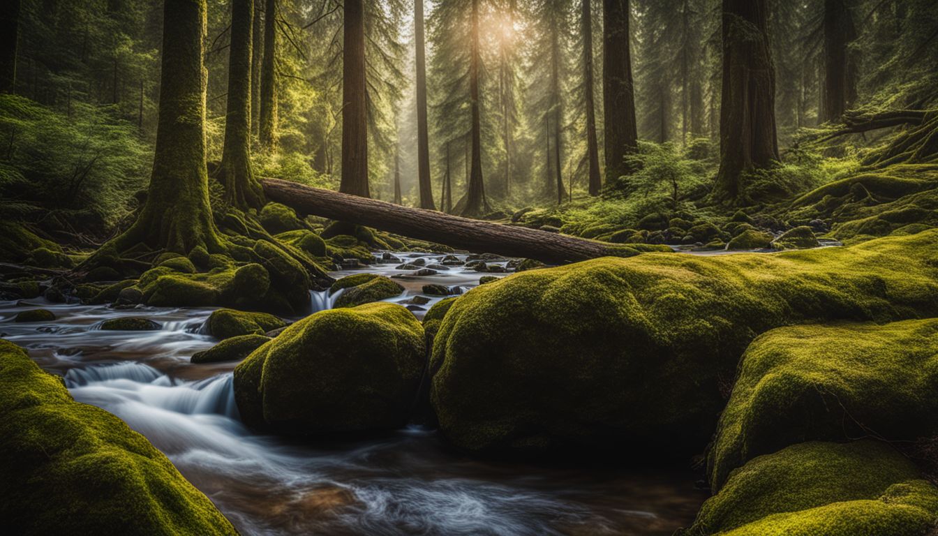 A serene forest scene with a tranquil stream and tall trees.