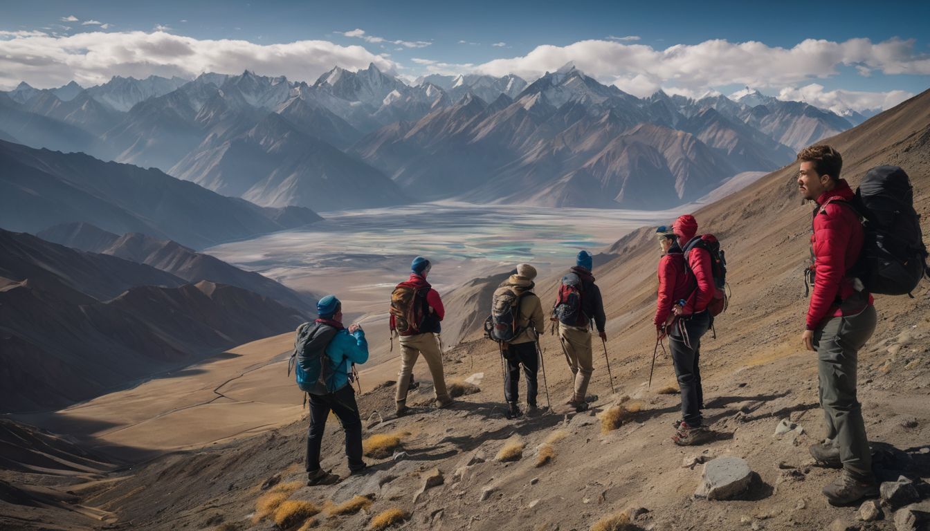 A group of trekkers stands on a mountain summit overlooking the Leh Ladakh landscape.