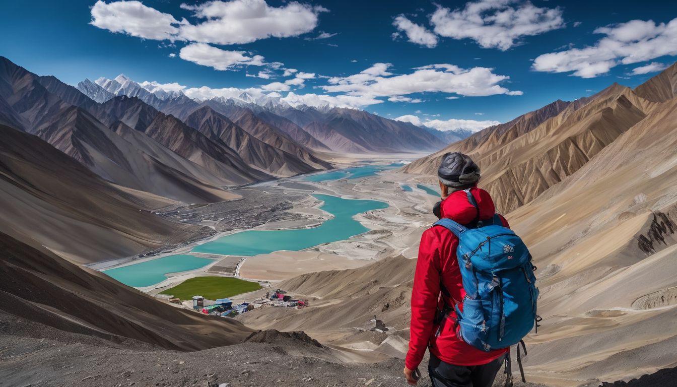 A diverse group of trekkers enjoys a breathtaking view of Leh Ladakh from a high mountain peak.