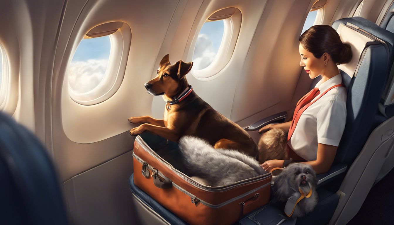 A content dog in a pet carrier on an airplane with passengers.