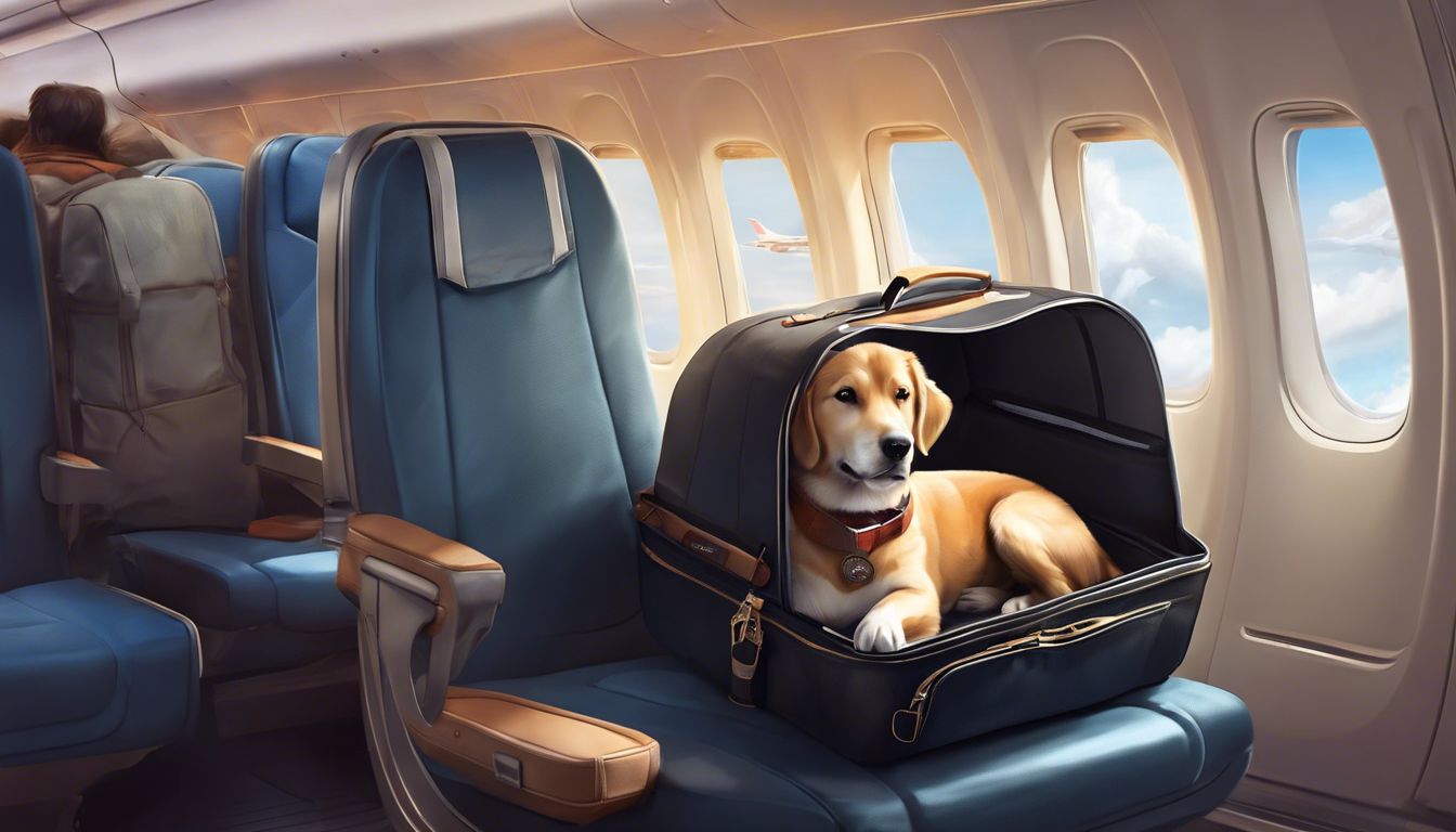 A peaceful dog rests in a pet carrier amid airplane seats.