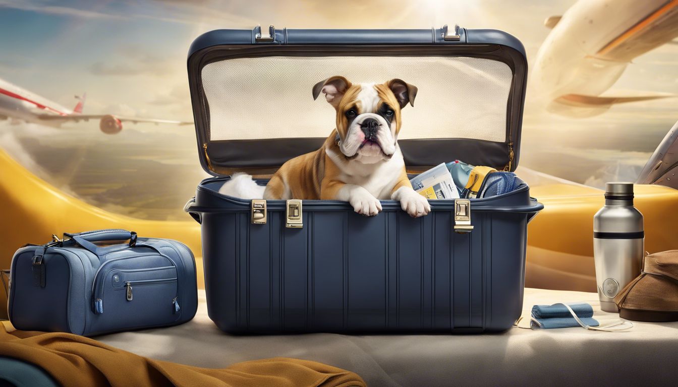 A bulldog sits in a Lufthansa pet carrier surrounded by travel essentials.
