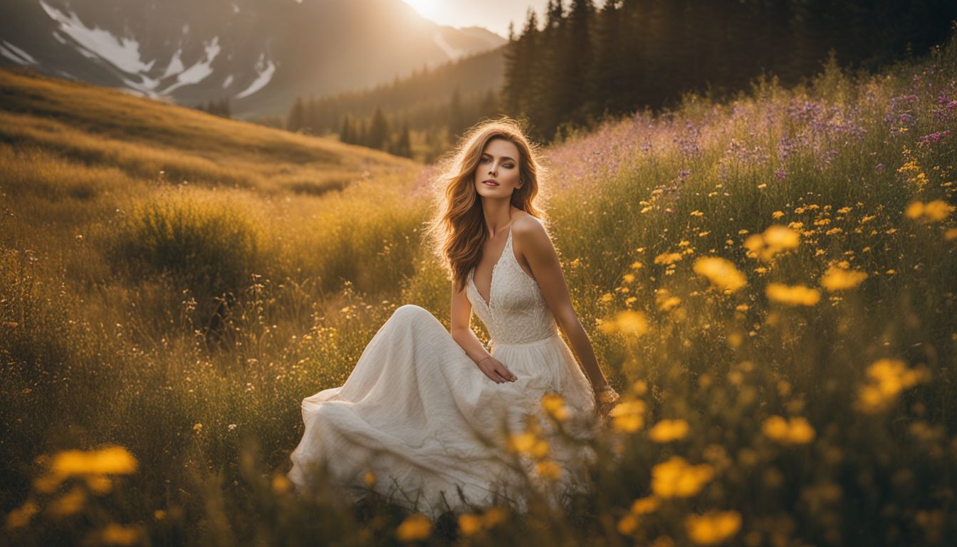 A woman enjoying nature surrounded by wildflowers in a serene setting.