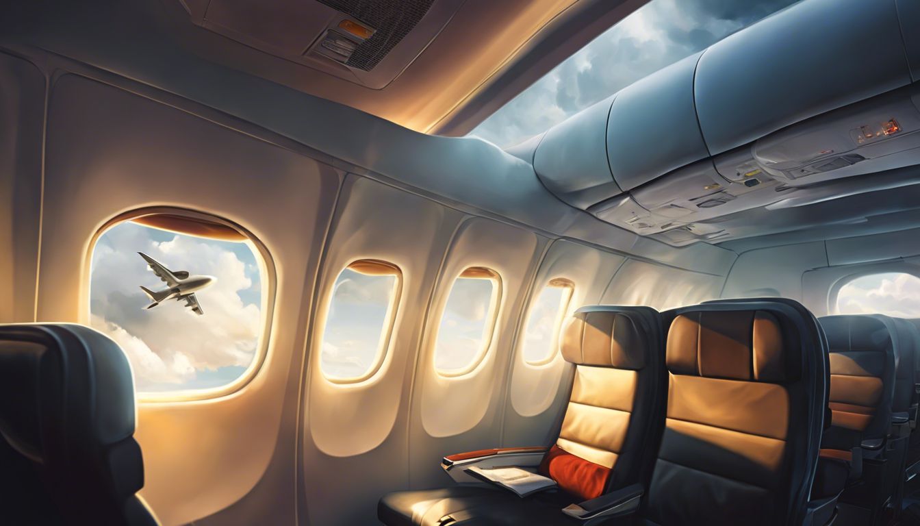 An airplane cabin experiences turbulence, with rattling windows and anxious passengers.