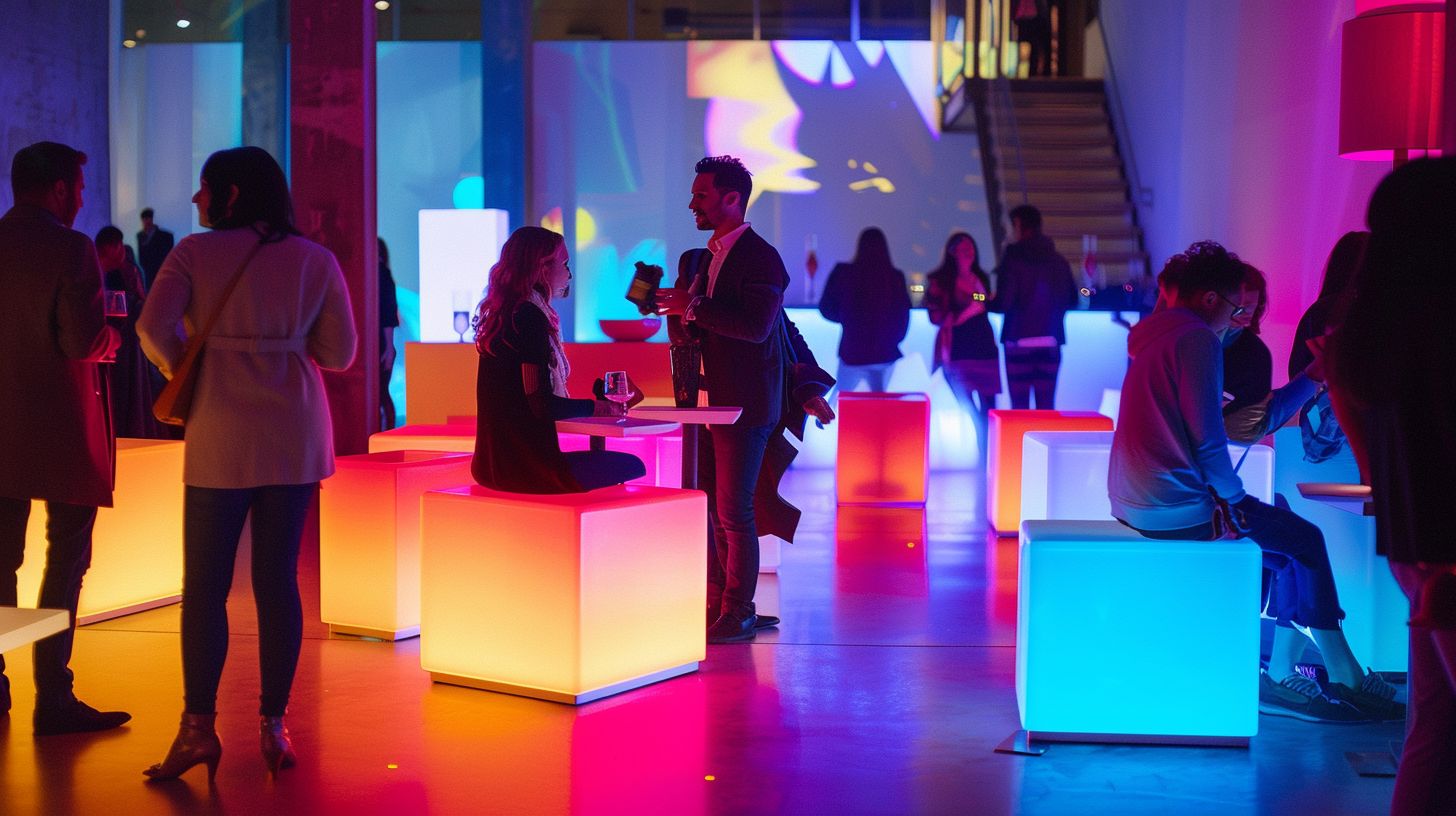 A group of people enjoy a vibrant LED furniture setup at an event.