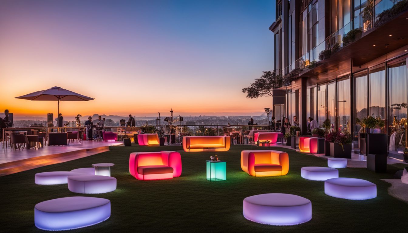 A stylish outdoor event venue with glowing LED furniture setup.