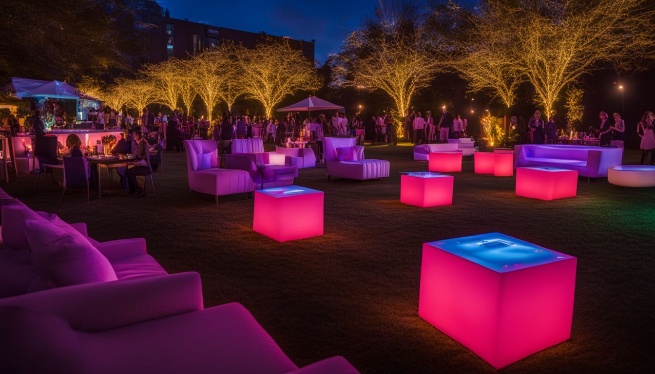 A photo of L E D illuminated furniture at an outdoor event venue.