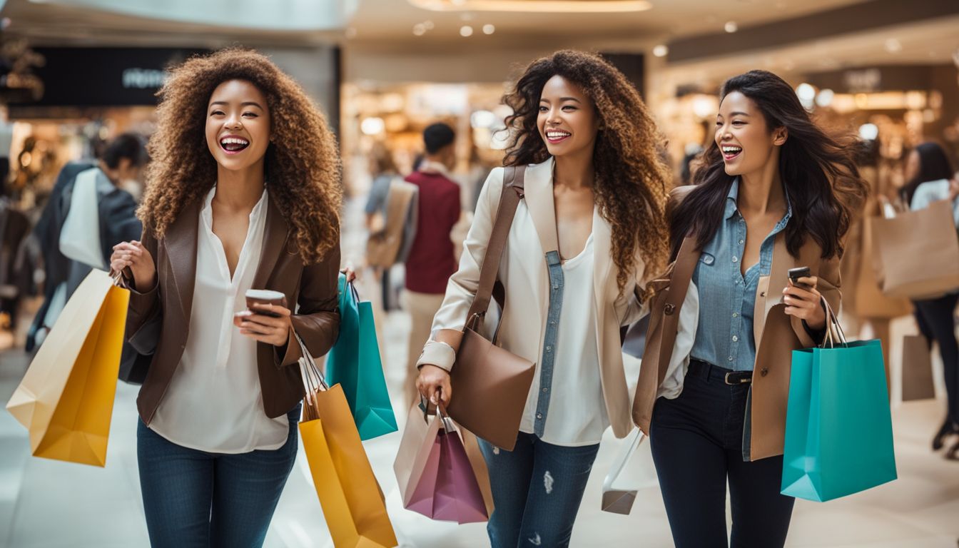 A group of excited shoppers holding shopping bags in a bustling mall.