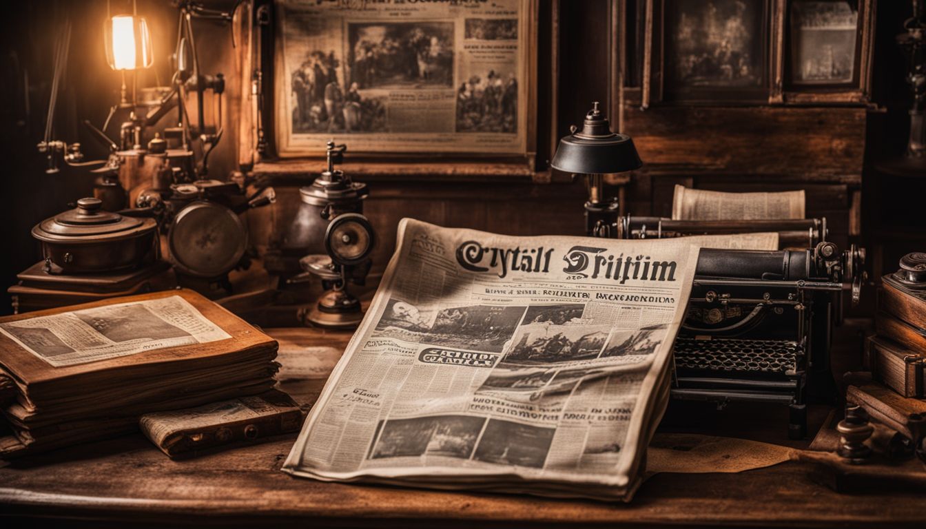 A vintage newspaper surrounded by antique printing equipment in a bustling atmosphere.