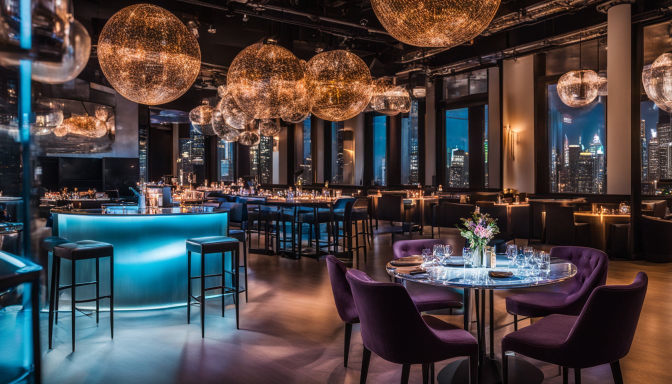 A photo of L E D cocktail tables and chairs in a trendy event space with a bustling atmosphere.