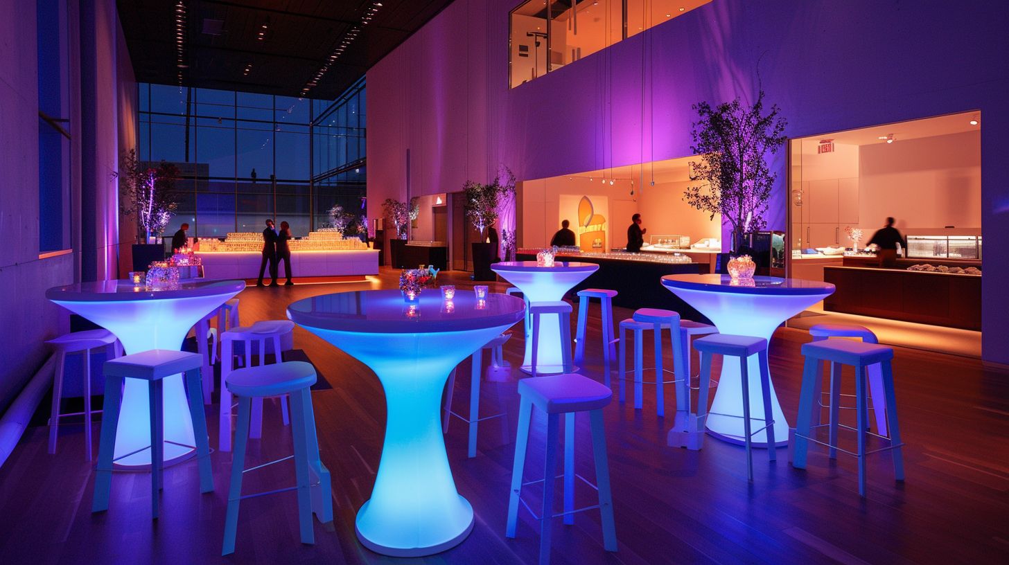 A modern event venue with illuminated furniture captured in wide-angle.