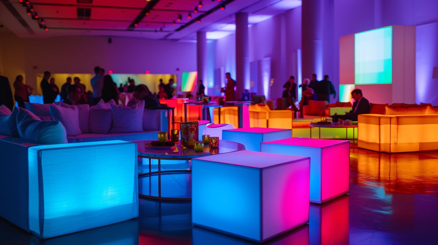 An event venue with vibrant LED furniture and attendees.